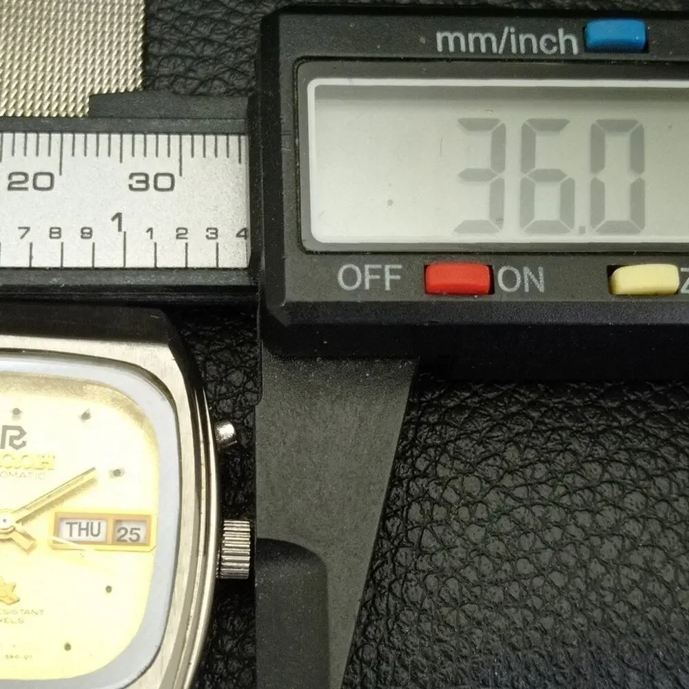 Vintage 1997 Square Ricoh Automatic Mens Silver Watch W/daydate & Gold accents